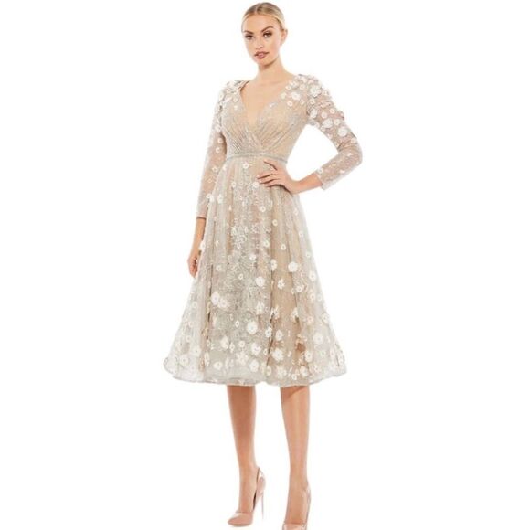 MacDuggal Floral Embellished Lace A Line Cocktail Dress Size Beige 10 New 67387